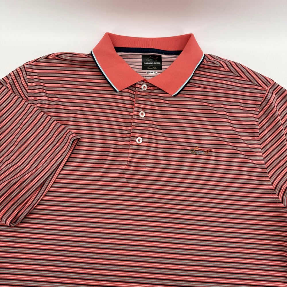 Greg Norman Tasso Elba Play Dry Golf Polo Shirt Mens Large Coral Navy Striped